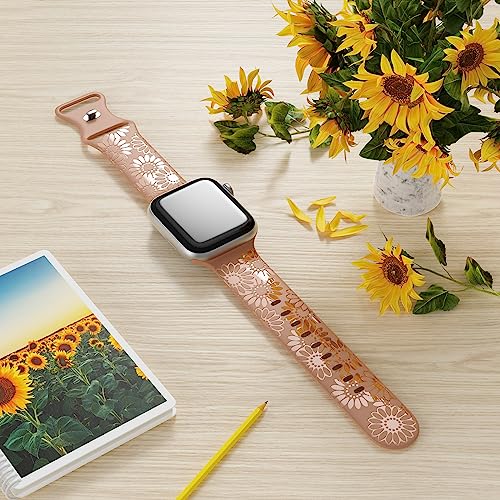 Image of Sunflower Engraved Band Compatible with Apple Watch Bands 38mm 40mm 41mm 42mm 44mm 45mm 49mm Women, Designer Soft Glossy Floral Silicone Strap for iWatch Series Ultra 11 10 9 8 7 6 SE 5 4 3 2 1