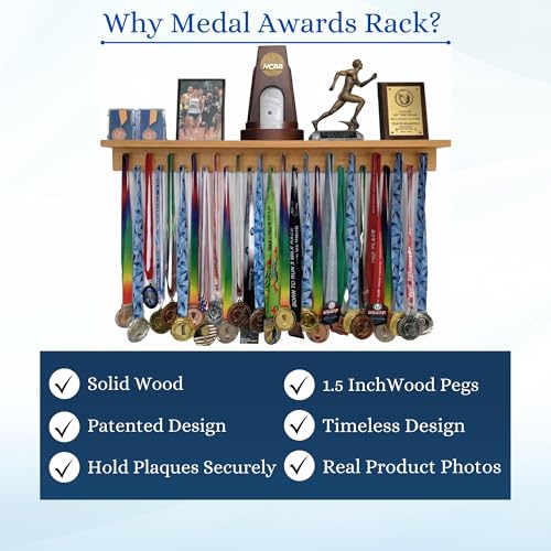 Image of MedalAwardsRack 3ft- Ultimate Medal Hanger Display and Trophy Shelf - Multi-Sport Trophy and Medal Holder for Medal Display, Plaques, Pictures, Trophies and more. Solid Wood - Large 36 inch - Walnut