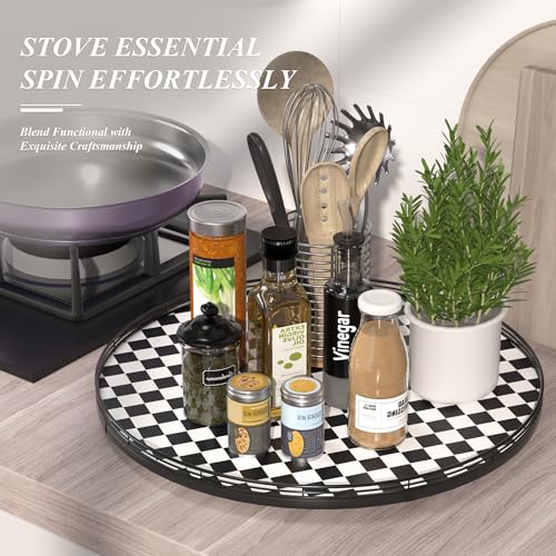 Image of 24 inch Black and White Kitchen Lazy Susan Turntable, Round Checkered Decorative Tray, Large Lazy Susan for Dining Table Centerpiece, Pantry, Kitchen, Bathroom, Countertop, Cupboard, Home Decor