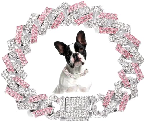 Image of Serijoars Dog Chain Diamond Collar, Bling Diamond Cuban Link Puppy Collars Glitter Chain Rhinestone Dog Necklace for Small Medium Large Pet Dogs (Pink, 16 inch)
