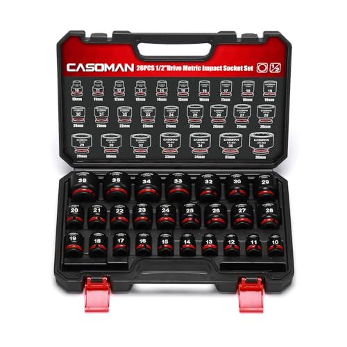 CASOMAN 26-Piece 1/2" Drive Standard Impact Socket Set, 12-Point, Metric, 10mm - 36mm, CR-MO Steel, with Storage Case 26-piece set