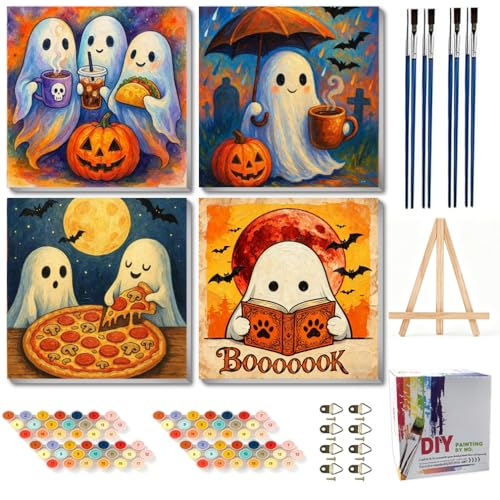Canrichshop 4 Packs Halloween Ghost Framed Paint by Numbers Kit for Adults with Wooden Easel & Color Box Ghost DIY Painting by Number on Canvas Gift Easy Oil Acrylic Paint Prezzie 8x8inch