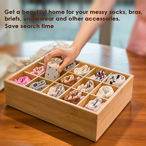 GOBAM Closet Drawer Organizer,Drawer Divider and Storage Box for Ties Bras Briefs Socks, Compartments of 15,Natural Bamboo