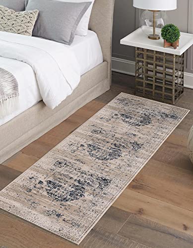 Rugs.com Eliza Collection Rug – 2' 7 x 10' Runner Dark Blue Low Rug Perfect for Hallways, Entryways