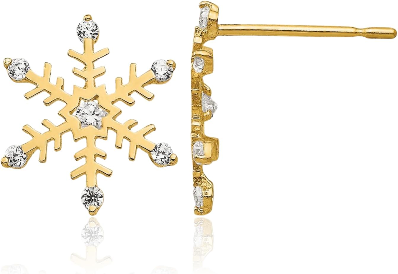 IceCarats 14K Solid Yellow Gold Cubic Zirconia Extra Large Snowflake Stud Earrings 12mm 1/2 inch Round Cut, Prong Set, Butterfly Back For Her