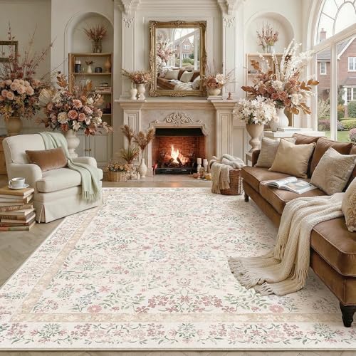 Tapete Decorativo Floral Bajo Pile Rosa 8x10 ft miniatura 1