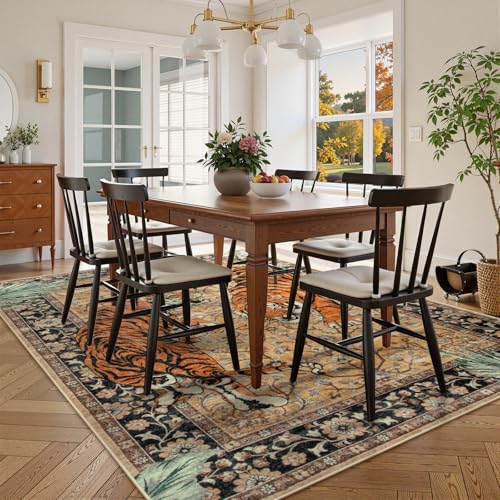 Moynesa Tiger 9x12 Rug, Boho Washable 9 x 12 Area Rugs for Living Room, Vintage Soft Large Dining Room Rug, Non Slip Ultra Thin Floor Carpet for Bedroom Guest Room Office, Camel