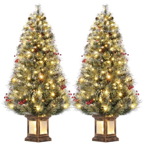 GAOMON 4.5ft Christmas Tree Pre-Lit Artificial Christmas Tree with Lighting Potted Base, Holiday Xmas Tree with 100 Warm White LED Lights Red Berries, Festival Decoration for Home, Entrances
