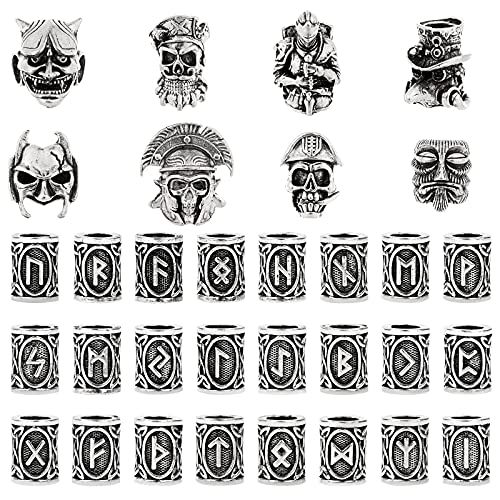 craftshou - 32 abalorio de barba vikinga con runas nórdicas, abalorio de pelo con calavera pirata, rastas, abalorio para joyas, pulseras, collares, trenzas de...