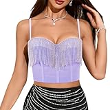 Segreto Sexy Damen Strass Fransen Push Up Bustier Diamant Quaste Korsett Trägertop Crop Tank Top Corsage BH Clubwear Lila