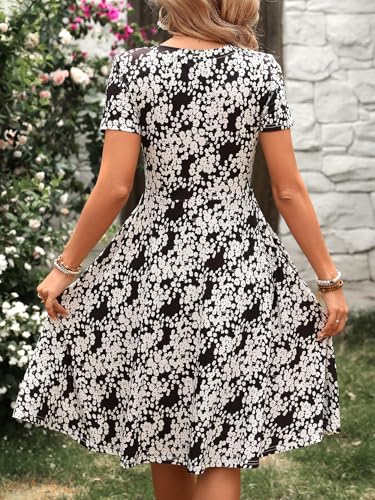 Image of Women's 2026 Fit and Flare Dress Summer Casual Elegant Vintage Floral Printed Work Party A-line Dress with Pockets 162