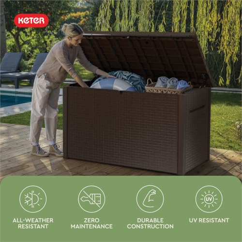 Image of Keter Luma 230 Gallon Deck Box - Extra Large Lockable Outdoor Storage Container, Weather-Resistant Resin, Soft-Close Lid, Rattan Design for Patio, Pool & Garden Storage