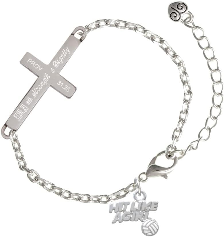 Delight Jewelry Silvertone Hit Like a Girl with Enamel Volleyball Proverbs 31:25 Strength and Dignity Engraved Cross Charm Bracelet, 6.5+1.5" Extender