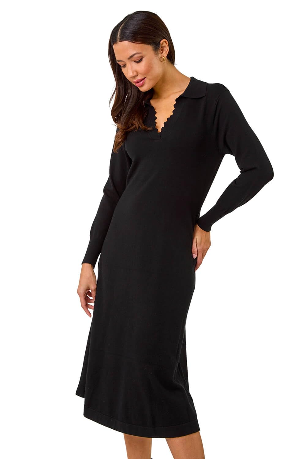 Roman Originals Women's Black Scallop Detail Knitted Midi Dress For Uk - Everyday Autumn Winter V-Neckline Comfy Soft Evening Vacation Work Party Night Out - Size 20