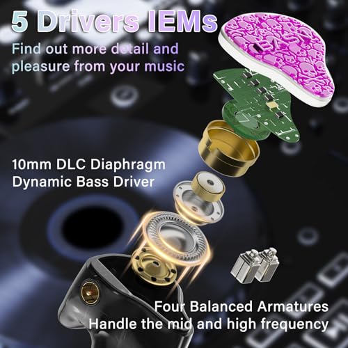Image of BASN Bmaster5 in Ear Monitors, 1DLC Diaphragm+4BA 5 Drivers Drummers Headphones with Silver-Plated OFC Cable, Noise Isolation IEM Earbuds for Musicians (Pink)