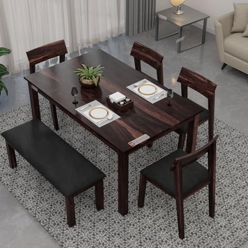 Image of DRIFTINGWOOD Liana 6-Seater Dining Table Set - Sheesham Wood Walnut Finish with Table, 4 Cushioned Chairs & Bench - Ideal for Kitchen & Living Room - Assembly Required
