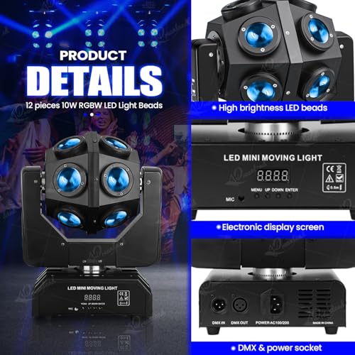 Dreamland Moving Head DJ Lights, RGBW LED Rotation Party Lights with DMX Sound Auto Control, Strobe Disco Lighting for Parties Stage Club Christmas — view 5