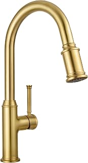 Brushed Gold Kitchen Faucet with Pull Down Sprayer, Lava Odoro Single Handle Gold Kitchen Sink Faucet, Brushed Brass Faucet for Kitchen Sink 1 Hole and 3 Hole, Deck Plate Included, KF421-SG