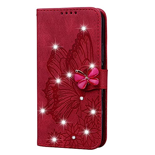 MOONCASE Wallet Case for iPhone 7 Plus / 8 Plus, Butterfly Shiny Rhinestone Magnetic Flip Cover with Card Holder Kickstand Case for iPhone 7 Plus / 8 Plus 5.5" (Red)