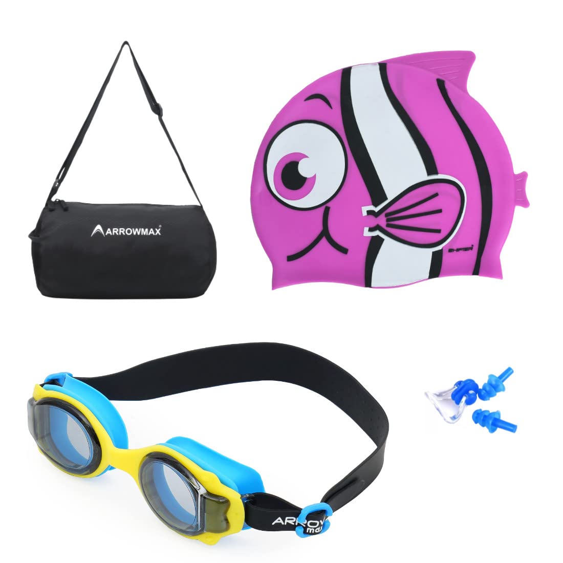 Kids Swimming Combo Set KIT Fish Shape Cap with Premium Anti Fog Swimming Goggle, EARPLUGS Set & NOSEPLUG for Boys and Girls Junior Size with Duffle Carry Multi Purpose KIT Bag (Pink Cap) (B0BY4S8SYN) Amazon Price History, Amazon Price Tracker