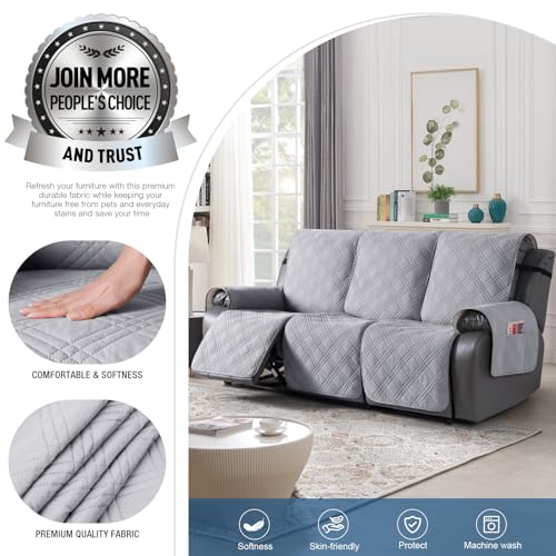 Image of TAOCOCO 100% Waterproof Recliner Couch Cover, Non Slip Split Couch Covers for Reclining Couches with Elastic Straps, Washable Reclining Couch Covers Furniture Protector for Pets(3 Seater, Light Grey)