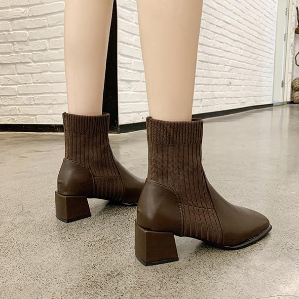 Women's Ankle Boots Block Heel Sock Booties Square Toe Chunky Low Heel Knit Chelsea Slip On Fall Elastic Dress Booties