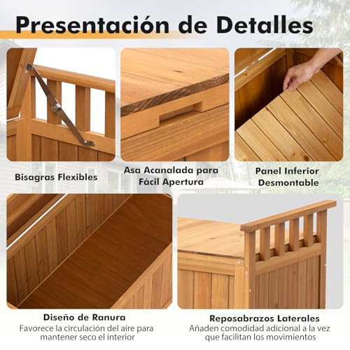GOPLUS Caja de Almacenaje 209L de Madera para Exteriores, Banco de Jardín con Reposabrazos y Almacenamiento Oculto, Baúl Exterior para Organizar y Relajarse para Jardín, Porche y Piscina (Natural) - imagen 6