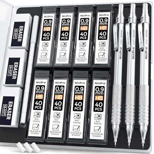 Image of Nicpro 0.9 mm Metal Mechanical Pencil Set with Case, with 3PCS MP1000 0.9mm Drafting Pencil, 8 Tubes HB Lead Refills, 3PCS Eraser, Erasers Refills for Artist Writing, Drawing, Sketching, Silver