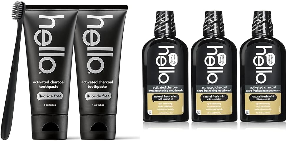Hello Activated Charcoal Epic Teeth Whitening Fluoride Free Toothpaste and Toothbrush & Activated Charcoal Extra Freshening Mouthwash, Natural Fresh Mint and Coconut Oil