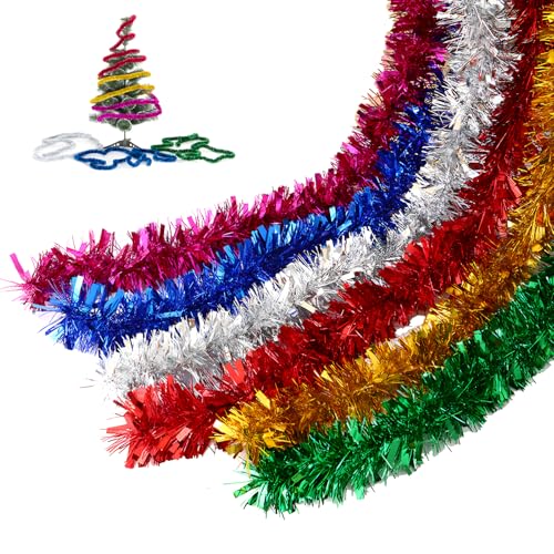 LHLZNB 7Pcs 14M Luxurious Gold Tinsel & Christmas Tinsel Garland - Thick Red & Gold Tinsel for Christmas Tree Decorations - Multi-Colored Rainbow Tinsel for Festive Holiday Cheer (7 colors 14M)
