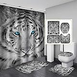 Jayden&Madge 4PCS/Set Gorgeous Snow Bengal White Tiger Shower Curtain, Waterproof Cloth Polyester Bath Curtain, Non-Slip Bathroom Rugs Toilet Rug Bath Mat, Wild Animal Bathroom Set, Tiger & Blue Eyes