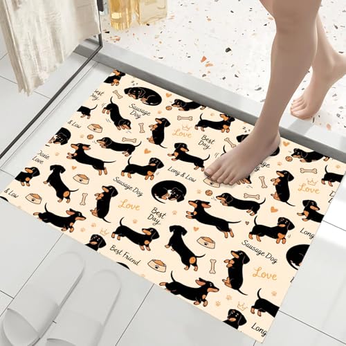 Paillasson Teckel mignon 90x150cm | Tapis d'entrée lavable et antidérapant beige et noir
