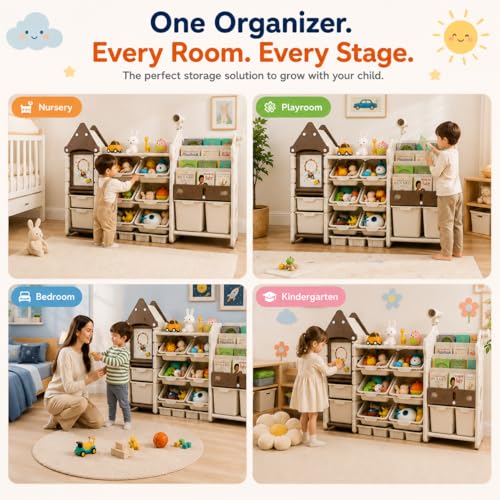 Image of 3in1 Kids Toy Storage Organizer with Bookshelf, Kids Bookshelf with Bins, Montessori Book Shelf, Toy Organizer for Baby Room Children's Books Toy Rack Nursery & Playroom Storage Organizer