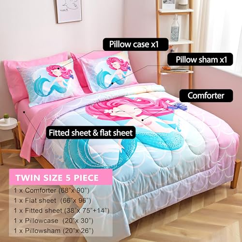 Image of Pink Little Mermaid Twin Size Bedding Set for Girls, 5-Piece Soft Kids Comforter with Matching Sheets and Pillow Sham, Cute Sea Princess Bed in a Bag