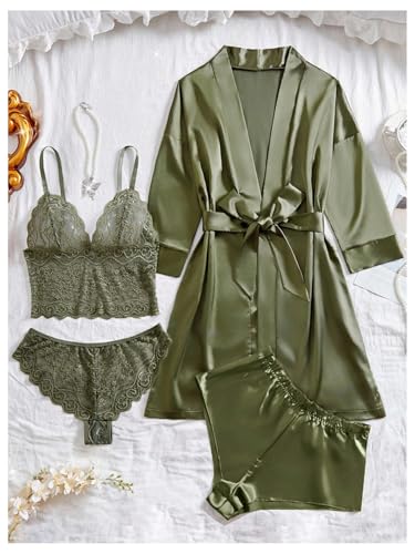 Image of GORGLITTER Women's 5 Piece Floral Print Satin Silk Pajama Set Nightgown Robe Cami Shorts Sleepwear Pj Sets