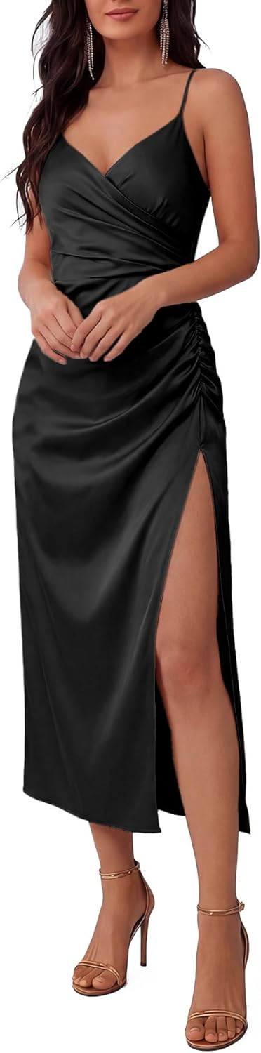 Women's Satin Wrap V Neck Spaghetti Straps Ruched Split Slit Midi Cocktail Dress