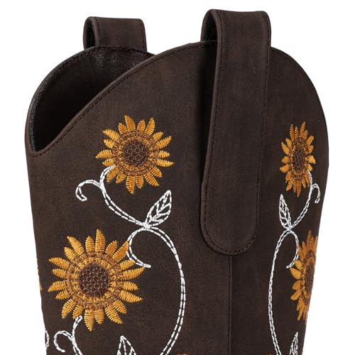 Image of Cowboy Boots for Women - Mid Calf Western Sunflower Cowgirl Boots with Floral Embroidery, Square Toe Stitched Pull On Retro Design, Perfect for Country Idyll, Concerts and More