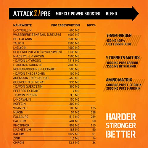 Foto von Body Attack Pre Workout Booster – 600g, Orange-Maracuja - Extrem hochdosierter Workout-Booster für alle Sportler & Athleten – speziell entwickelt für Bodybuilding, Kraftsport und Fitness