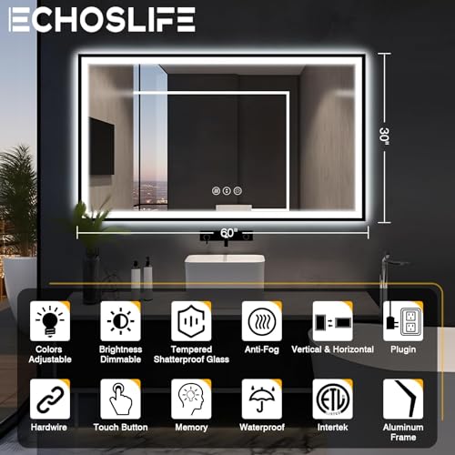 60x30 Large LED Bathroom Vanity Mirror - Black Aluminum Framed, Anti-Fog Illuminated, Stepless Dimmable, 3 Colors Smart (Horizontal/Vertical)