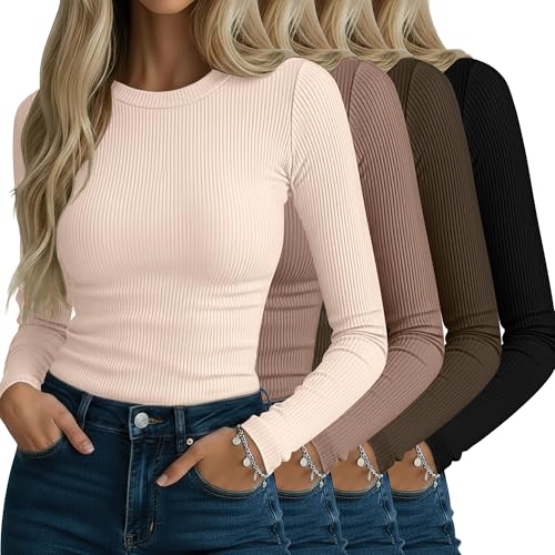 Neer 4 Pack Women's Ribbed Long Sleeve Shirts, Cotton Crew Neck Slim Fit Tops Stretch Knit Casual Base Layer Basic Tee Shirts(Black, Mocha, Light Brown, Cream,Small)