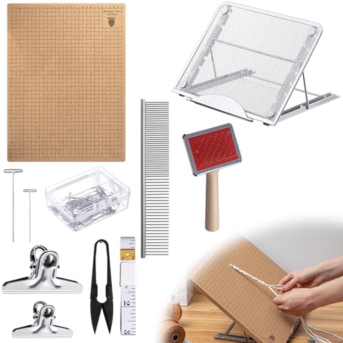 Tandefio 12 x 16 Inches Macrame Board and Pins Kit 108 Pcs Macrame Supplies with Adjustable Holder 100 T Pins Double Sided Grids Brush Scissor Ruler for Bracelet Making Braiding Knotting
