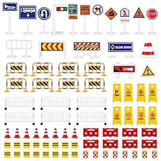 62pcs Kids Road Signs Playset, Mini Traffic Signs Toys - Plastic Miniature Traffic Lights Street Fence Cone Barricade Toy for Toddler Preschool Educational Playset