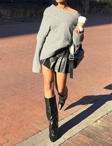 Women Off Shoulder Batwing Sleeve Oversized Chunky Sweaters (Free Size)2