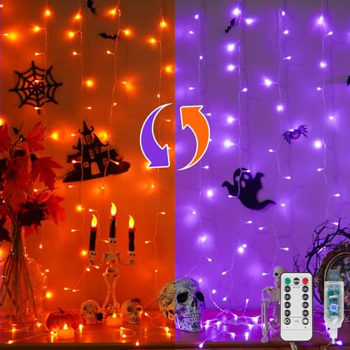suddus Color Changing Curtain Lights for Halloween 200 LED 6.5ft x 6.5ft Hanging String Lights with USB Curtain Fairy Lights Indoor for Bedroom Wall Party Porch Holiday Purple and Orange
