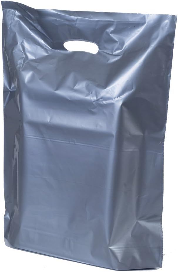 UNIPACKLTD® Silver Plastic Carrier Bags - 38cm x 46cm + 7cm - (1 BOX - 50 BAGS)