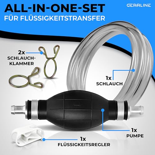 GEARLINE® Handpumpe [2Meter] - XL Umfüllpumpe Inkl. Flüssigkeitsregler zum Umfüllen von Wasser, Benzin, Diesel und Öl - Schlauchpumpe Kraftstoffresistent mit Vakuumfunktion