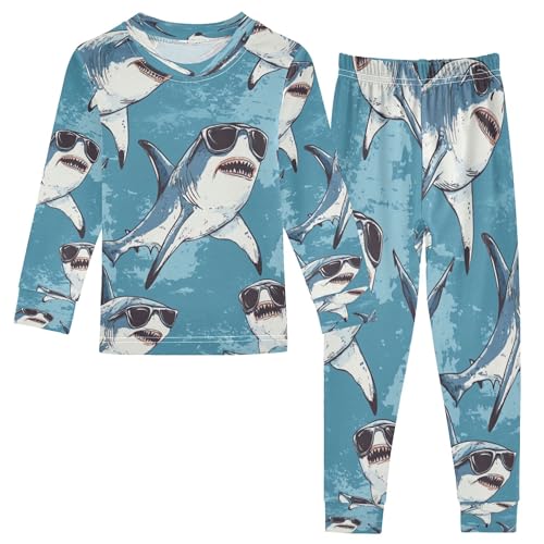 Vozoza Animal Blue Sharks Pajama Sets Long Sleeve Top with Pants Cotton Soft Sleepwear 2 Piece Pjs Set Size 4T