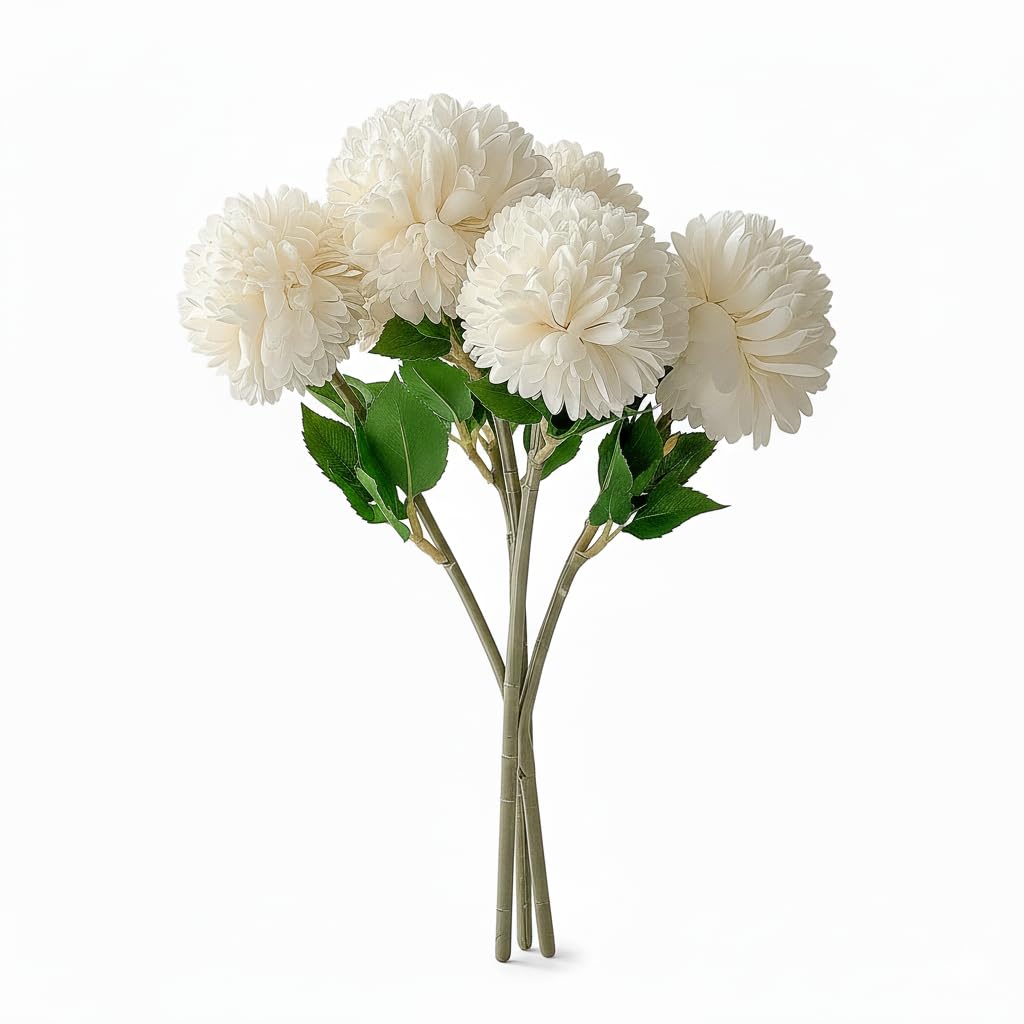 Rowen Homes Chrysanthemum Bunch Artificial Faux Of 6 - Realistic Cream Flowers Bouquet, Floral Arrangement For Wedding, Party Or Home Decorations - Luxury Interiors