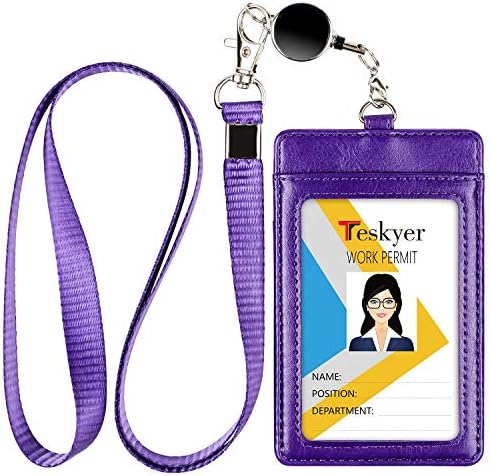 Teskyer Card Holder with Retractable Lanyard, Badge Holder with Zipper Pocket and Holds 4 Cards, Vertical Card Holder with Clear Window, PU Leather, Cyan