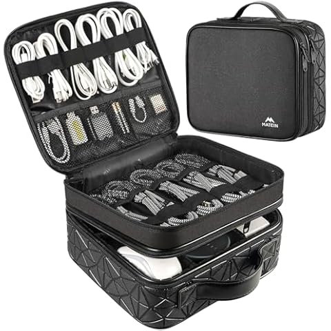 MATEIN Cable Organizer Bag, Waterproof Travel Electronic Storage with Adjustable Divider, Shockproof Portable Double Layer Tech Bag Carrying Case for Cord, Earbuds, Charger, SD Card, Tech Gifts, Black Cover